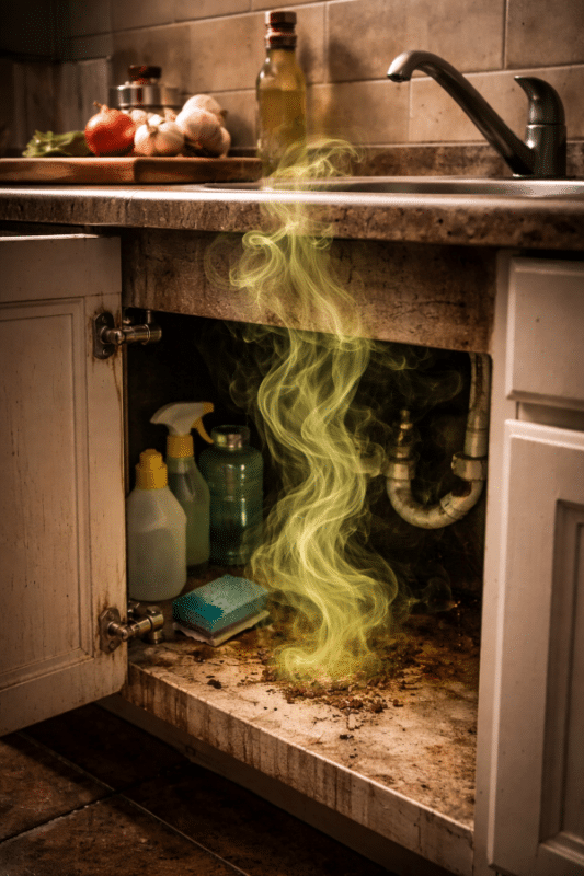 Green smoke rising from a dirty kitchen sink cabinet, indicating potential pest activity and unusual odors.