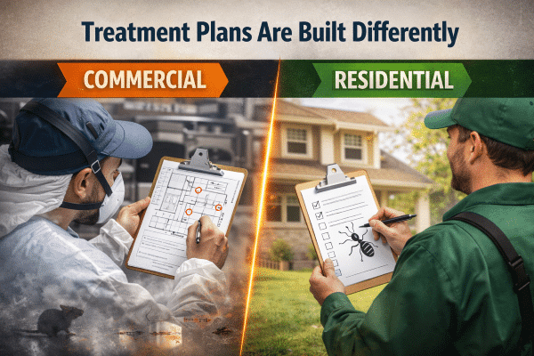 Treatment plans comparison for commercial and residential pest control, featuring a technician with a clipboard in a commercial setting and another in front of a home, highlighting the tailored approaches for each service type.