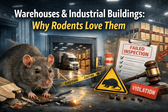 Rodent in warehouse setting with caution tape, inspection notice, and stacked pallets, highlighting rodent attraction to industrial buildings.