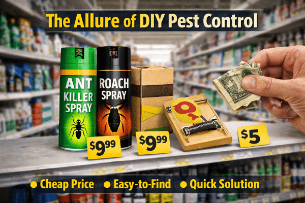 Image depicting DIY pest control products including ant and roach sprays priced at $9.99, a mouse trap priced at $5, and a hand holding cash, set against a background of a hardware store aisle, emphasizing the appeal of affordable, easy-to-find pest solutions.