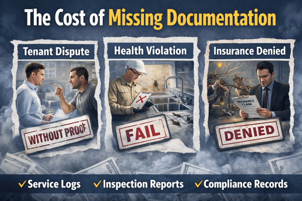 Cost of missing pest control documentation, highlighting tenant disputes, health violations, and insurance claims denied; emphasizes importance of service logs, inspection reports, and compliance records.