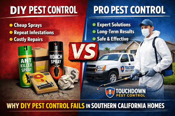 DIY pest control versus professional pest control, highlighting cheap sprays, repeat infestations, and costly repairs on the left, and expert solutions, long-term results, and safety on the right, with Touchdown Pest Control branding.