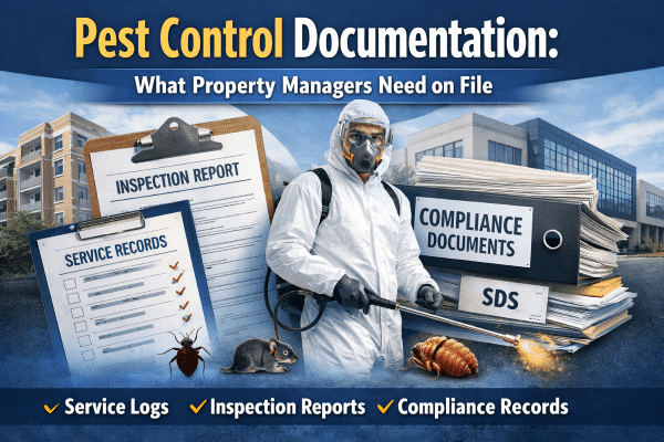 Pest control documentation graphic featuring an inspector in protective gear, holding inspection reports, with service logs, compliance documents, and pest images, emphasizing essential records for property managers.
