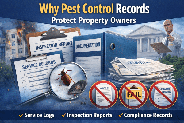 Pest control records including service logs, inspection reports, and compliance documentation, emphasizing their importance for property owners in managing legal risks and maintaining health standards.