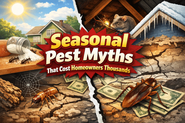 Seasonal pest myths illustration featuring ants, a cockroach, and a mouse, with a house and money, highlighting costly misconceptions for homeowners.