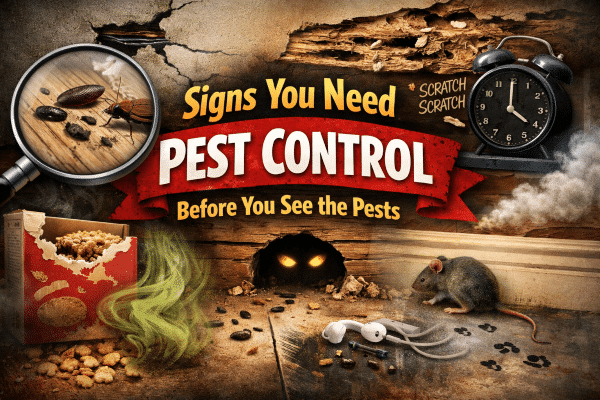 Signs of pest infestations including cockroaches, mouse droppings, and food contamination, with text "Signs You Need PEST CONTROL Before You See the Pests" in bold red, emphasizing the need for early pest control awareness.