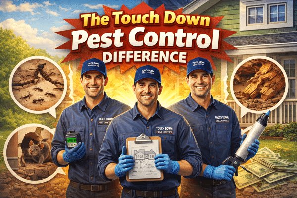 Three technicians from Touch Down Pest Control showcasing pest control solutions, surrounded by icons of pests, a house, and money, emphasizing proactive pest management and the company's commitment to year-round protection.