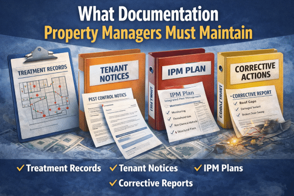 What documentation property managers must maintain, featuring treatment records, tenant notices, IPM plans, and corrective reports, emphasizing compliance for pest control management.