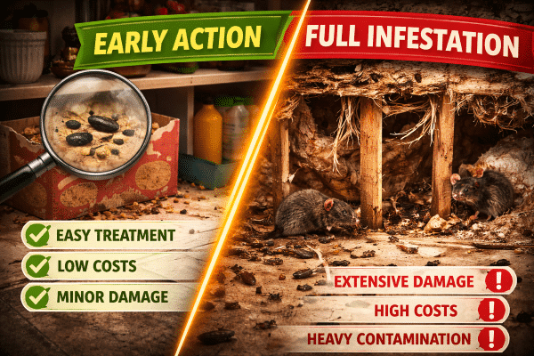 Early action vs. full infestation comparison graphic, featuring a magnifying glass over pest droppings and food packaging on the left, labeled "Easy Treatment, Low Costs, Minor Damage," contrasted with a scene of rodents and significant damage on the right, labeled "Extensive Damage, High Costs, Heavy Contamination."