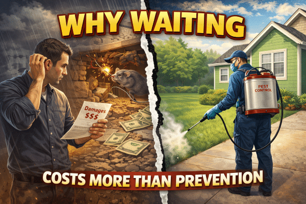 Image illustrating the consequences of delaying pest control, featuring a distressed man holding a bill labeled "Damages $$$" alongside a rat and piles of money, contrasted with a pest control technician spraying a residential lawn, emphasizing the message "WHY WAITING COSTS MORE THAN PREVENTION."