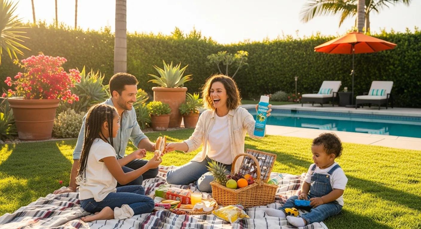 Family enjoying a picnic by the pool with mosquito repellent spray.