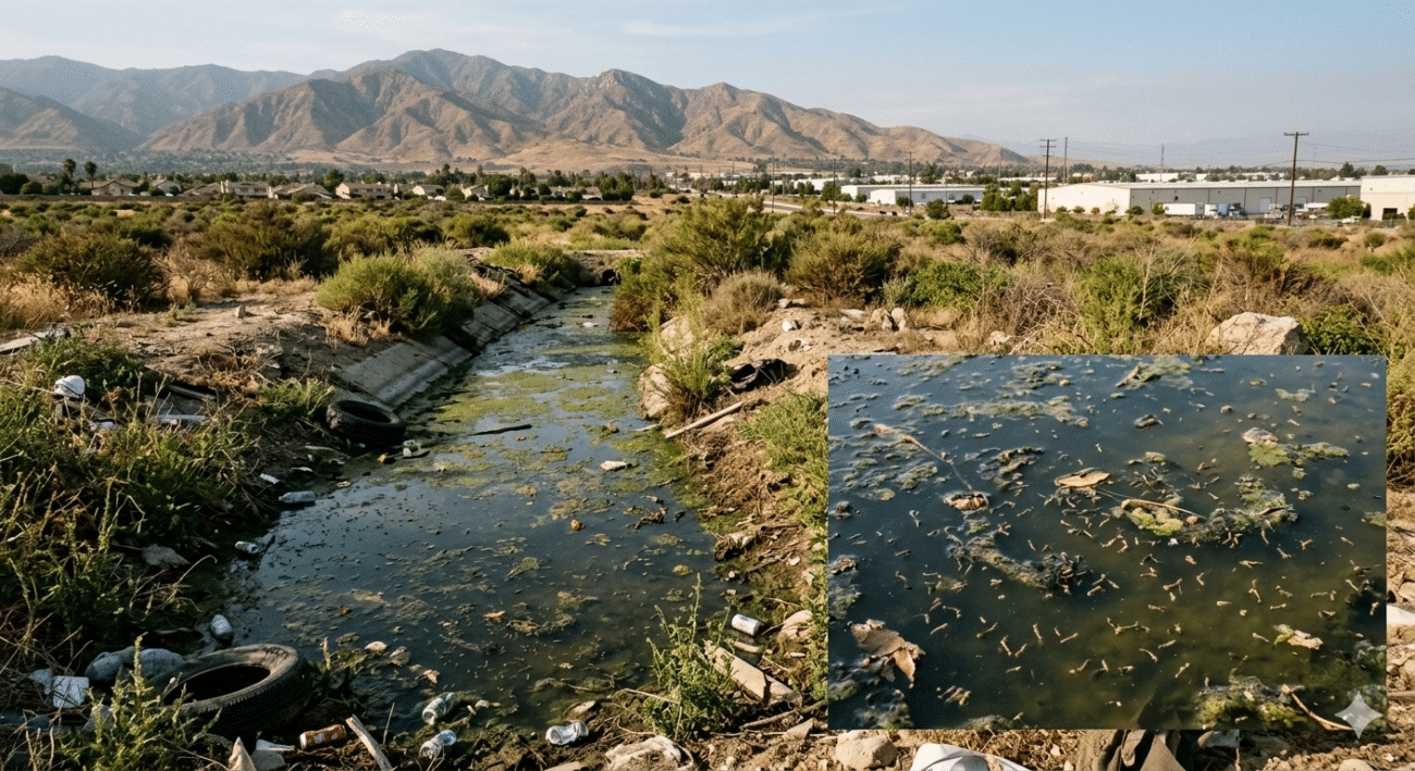Inland Empire mosquito breeding area with stagnant water and debris, potential health risk.