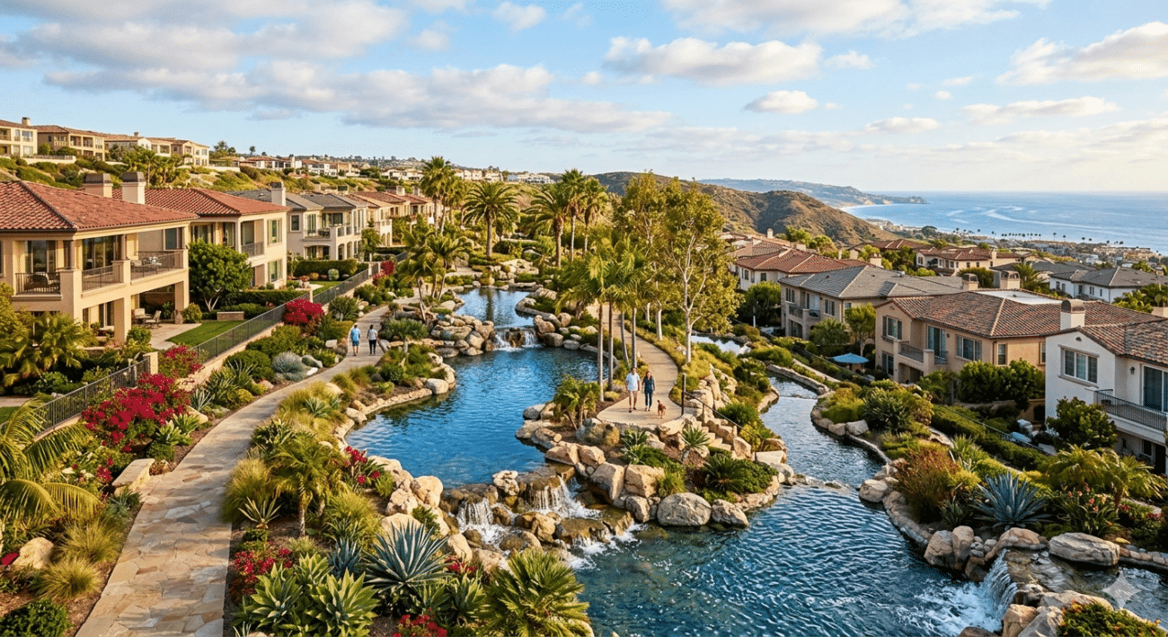 Orange County residential area with water features, potential mosquito breeding grounds.
