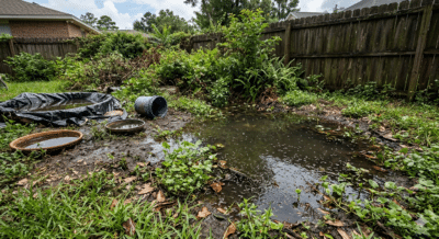 Standing water in Orange County yard creating mosquito breeding ground.