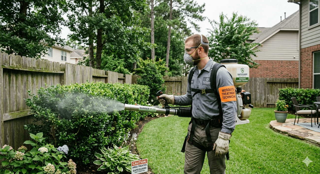 Touchdown Pest Control technician applying mosquito yard spray in residential garden, Inland Empire mosquito control services.