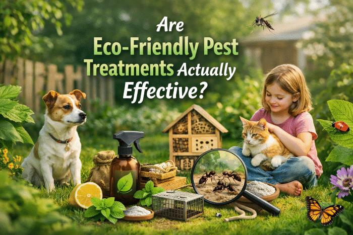 Girl with a cat and dog in a garden, surrounded by eco-friendly pest control items, featuring a magnifying glass highlighting ants, with text "Are Eco-Friendly Pest Treatments Actually Effective?"