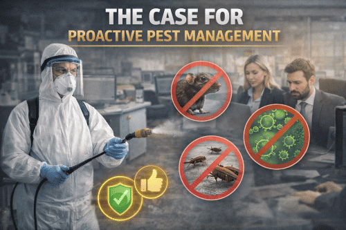 Pest control professional spraying for pests and preventing infestations in an office environment, protecting employees and ensuring workplace safety.