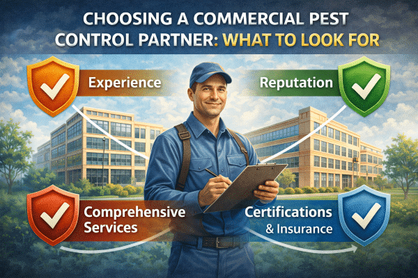 Commercial pest control partner: experience, reputation, comprehensive services, certifications, and insurance.