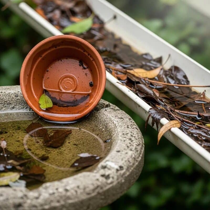 Common mosquito breeding sites: clogged gutters, bird bath, and flower pot with standing water.