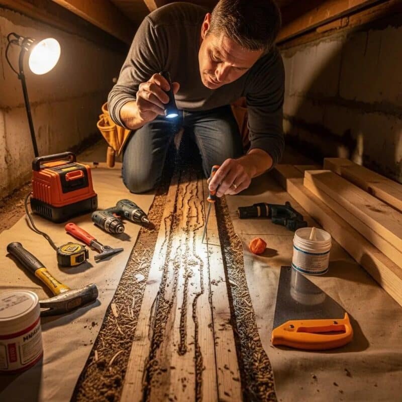 Termite inspector assessing wood damage in residential property, TouchDown Pest Control services.