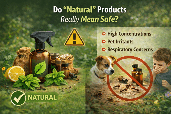 Natural pest control products with warning signs for high concentrations, pet irritants, and respiratory concerns, alongside a dog and a child observing ants.