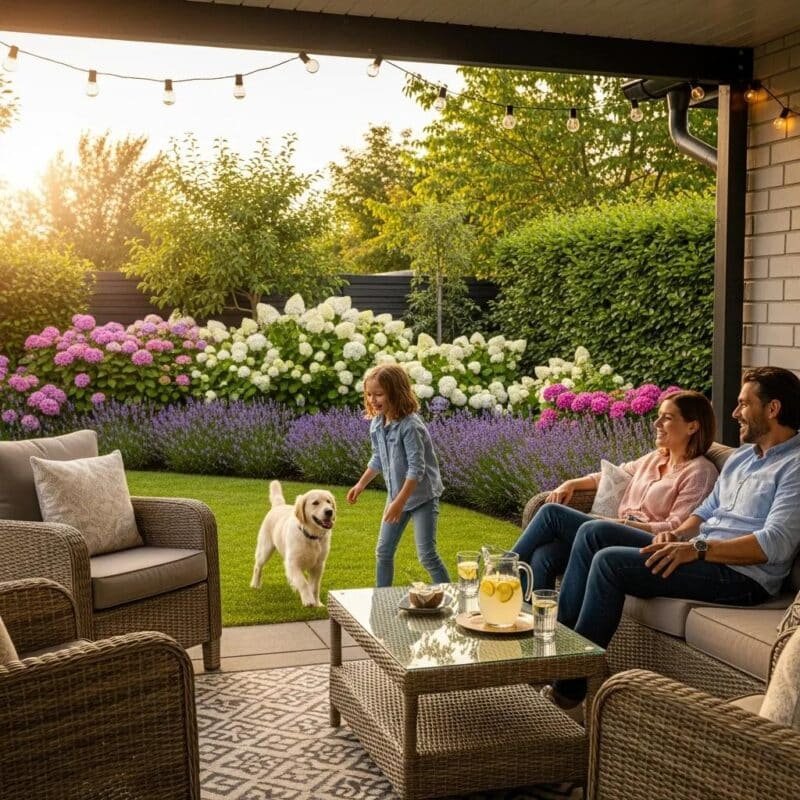 Family enjoying a mosquito-free backyard in Los Angeles County with dog and outdoor seating.