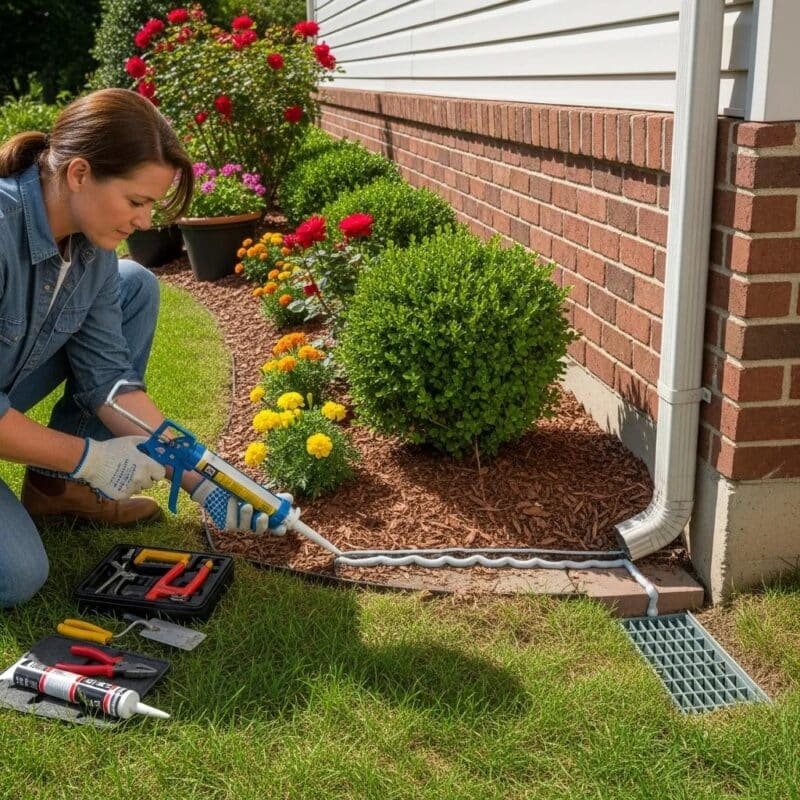 Homeowner sealing entry points to prevent termite infestations in a well-maintained garden