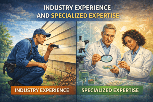 Commercial pest control technicians and experts examining pests and environments.