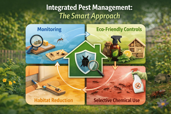 Integrated Pest Management diagram illustrating monitoring, eco-friendly controls, habitat reduction, and selective chemical use for effective pest management strategies.