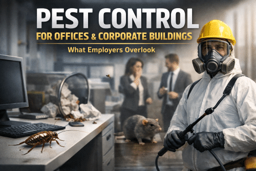 Pest control professional in protective suit and respirator inspecting office environment and rodent infestation.