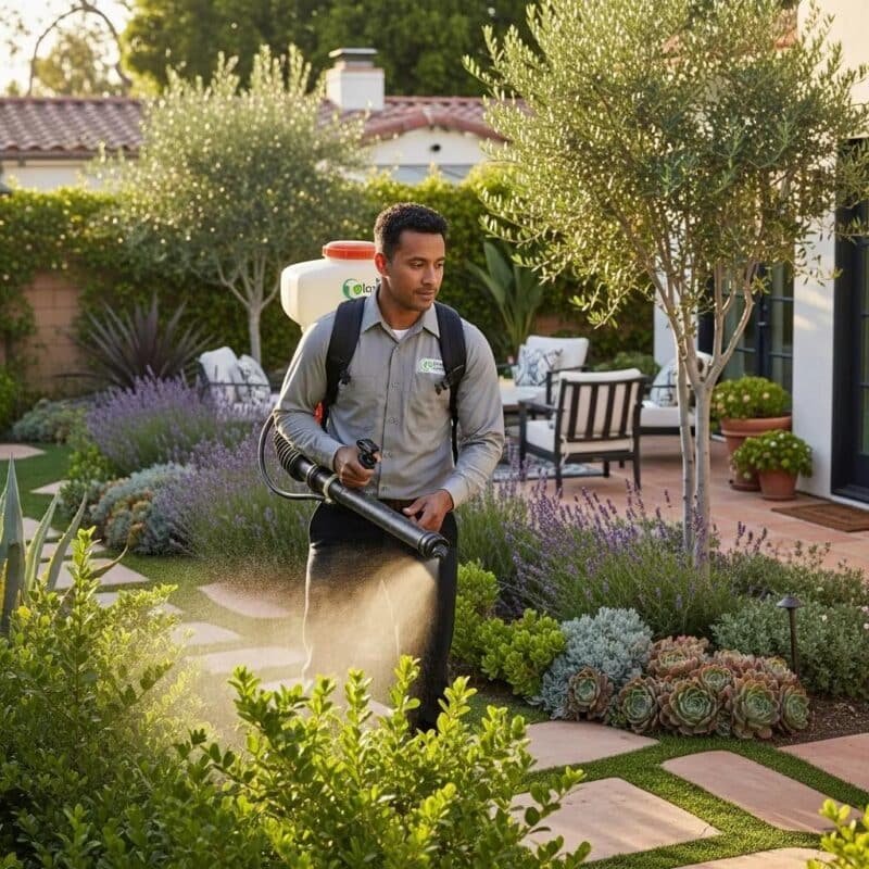 TouchDown Pest Control technician applying eco-friendly mosquito solutions in a Southern California backyard.