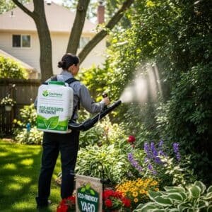 Touchdown Pest Control technician applying eco-friendly mosquito treatment in a Los Angeles County garden.