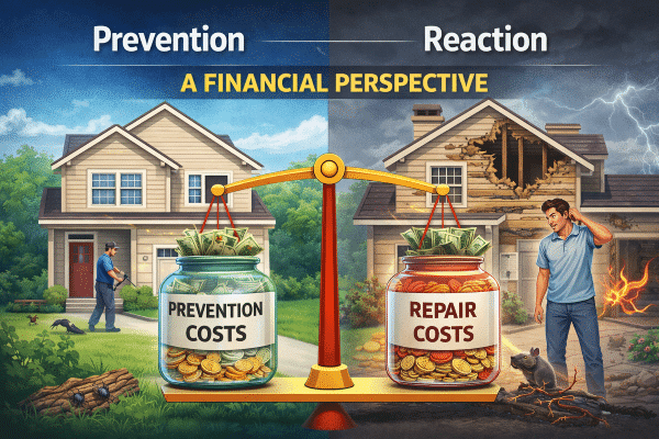 Prevention versus reaction: balanced scales illustrating financial costs of pest control and home repairs.