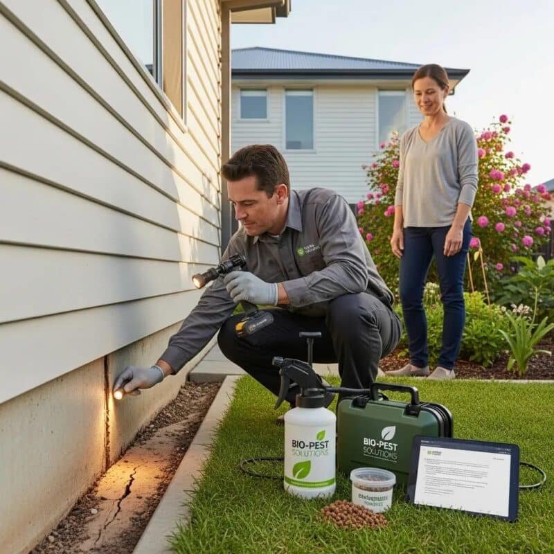 TouchDown Pest Control technician inspecting a home for termites with eco-friendly tools and termite treatment solutions in Los Angeles County.