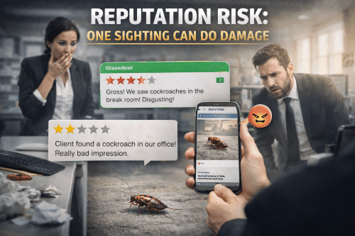 Negative online reviews and employee complaints illustrating reputation risk from pest sightings in an office environment.