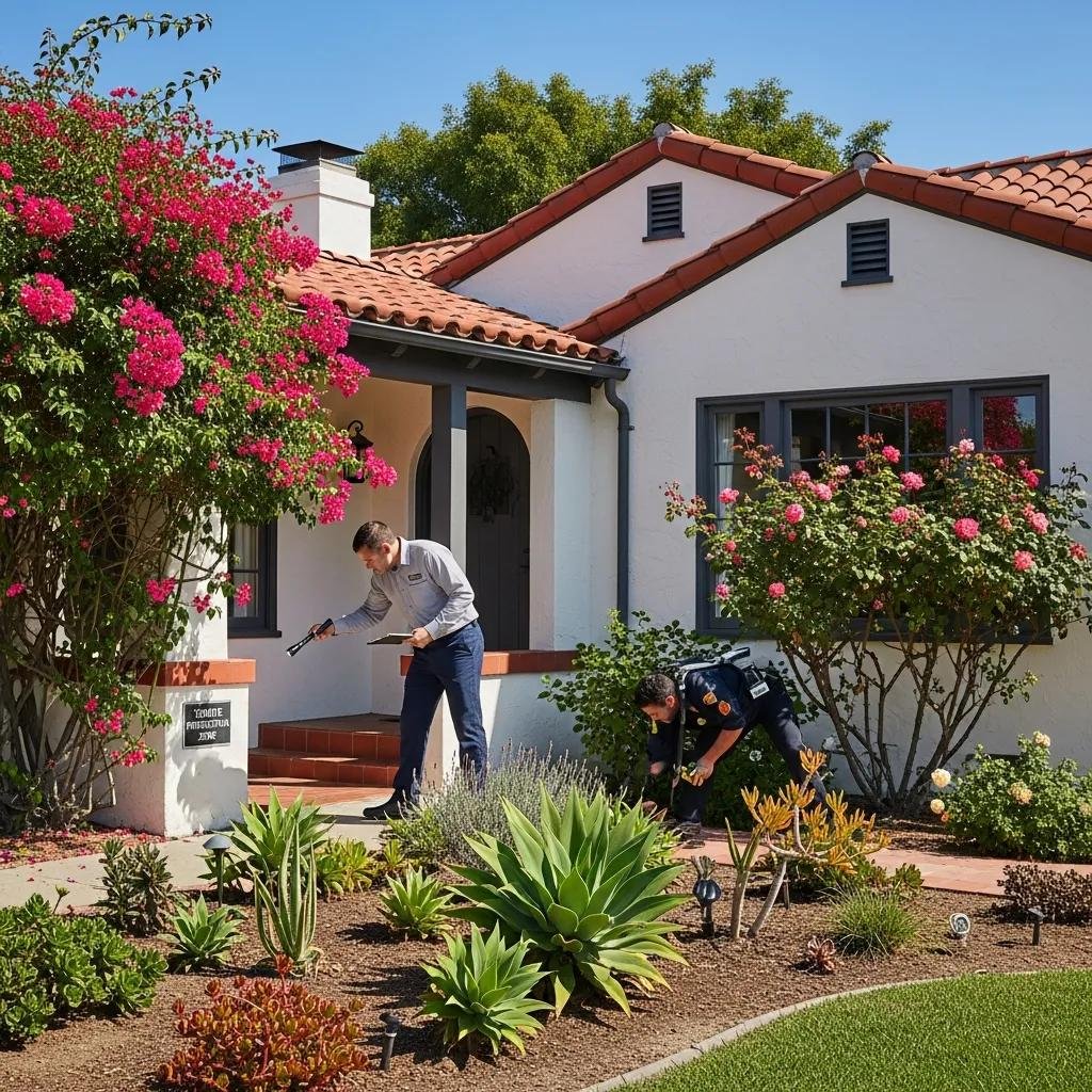 Southern California home with pest control professional inspecting for termites and heat wave damage.