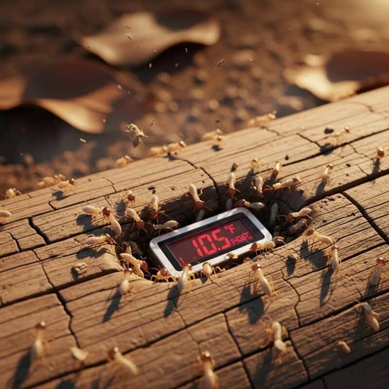 Termites swarming on wood near thermometer displaying 105°F, illustrating heat wave impact on termite activity.