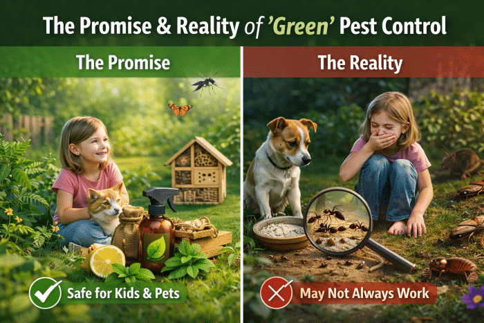 Girl smiling with a cat and eco-friendly pest control products, contrasted with a girl looking concerned beside a dog and visible pests, highlighting the promise and reality of green pest control, emphasizing safety for kids and pets versus potential ineffectiveness.