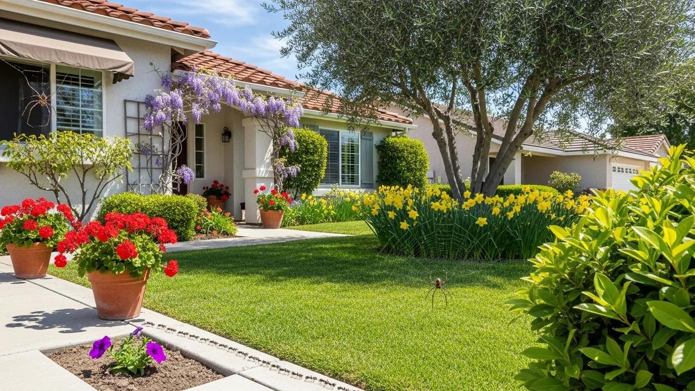 Blooming springtime neighborhood in West Covina with increased ant and spider activity.