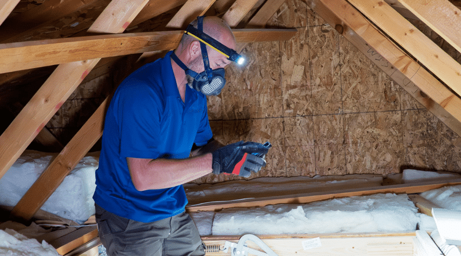 Pest control professional inspecting attic for rodent entry points and causes.