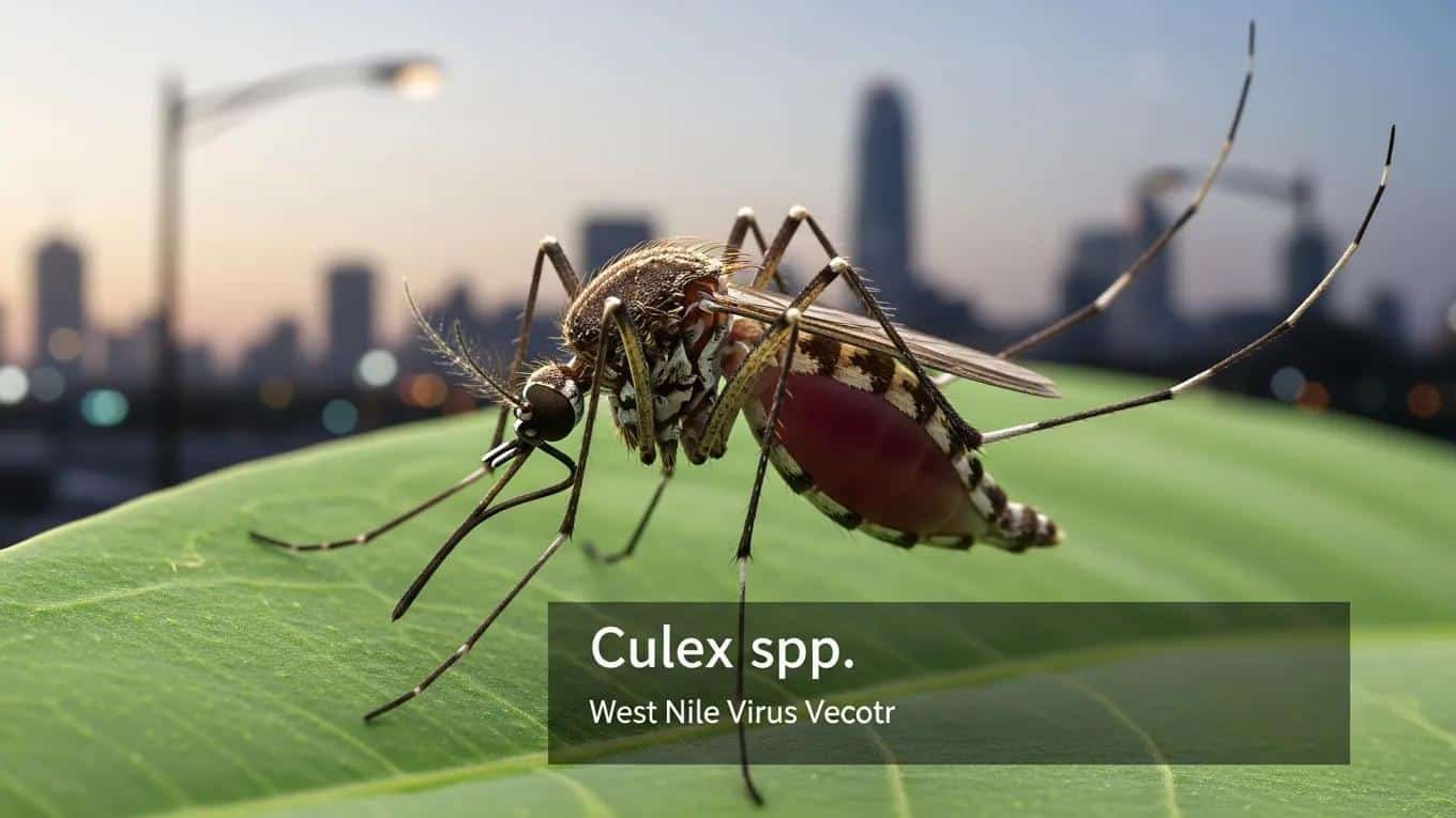 Culex mosquito on leaf, transmitting West Nile Virus in urban areas.