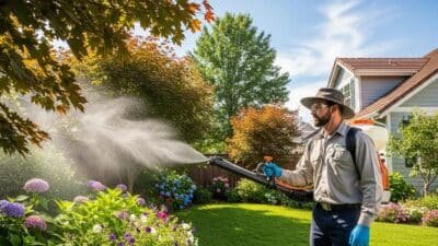 Touchdown Pest Control technician applying eco-friendly mosquito control in a residential backyard.