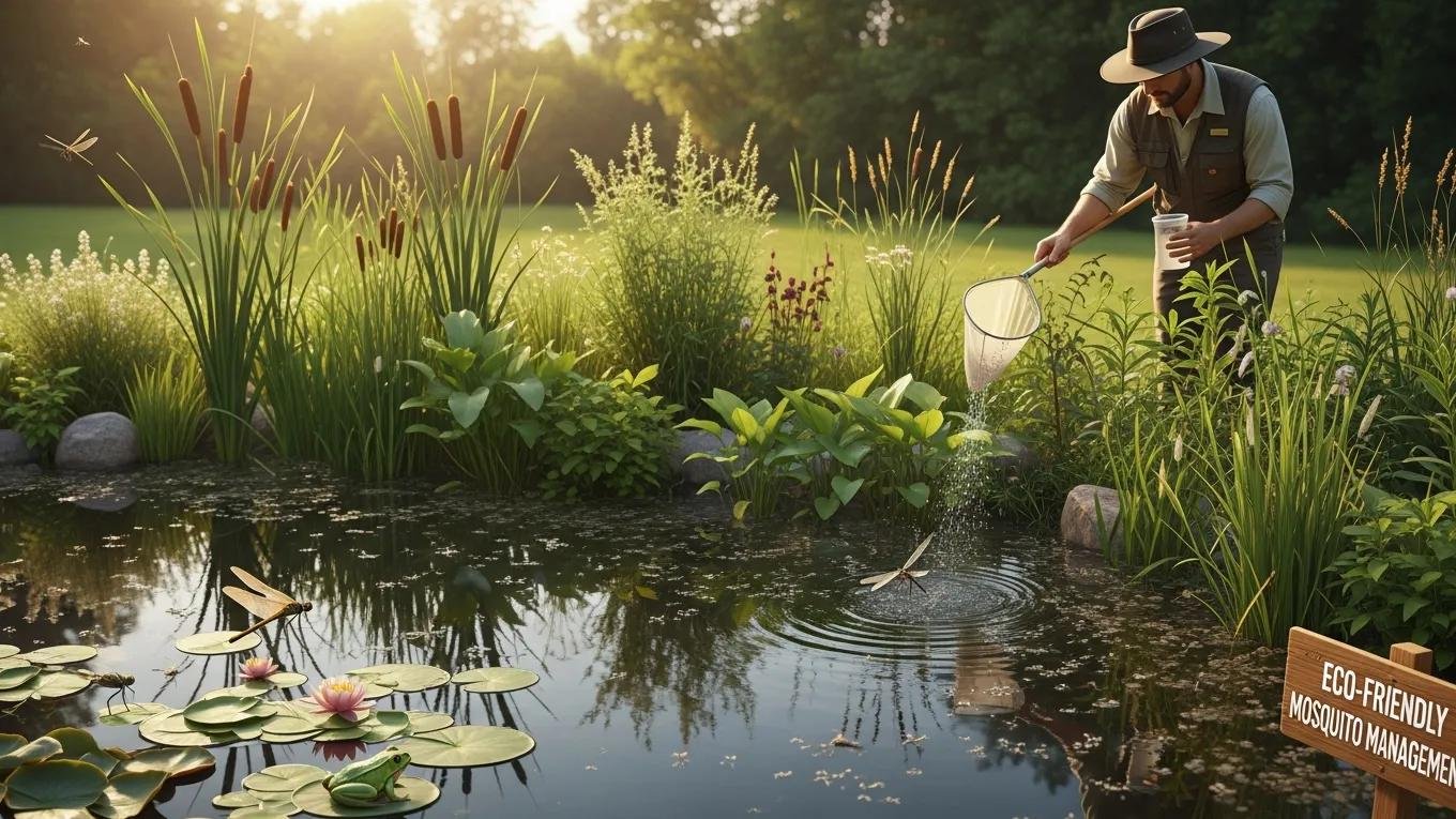Pest control technician inspecting a natural pond for mosquito larvae, demonstrating eco-friendly mosquito control methods.