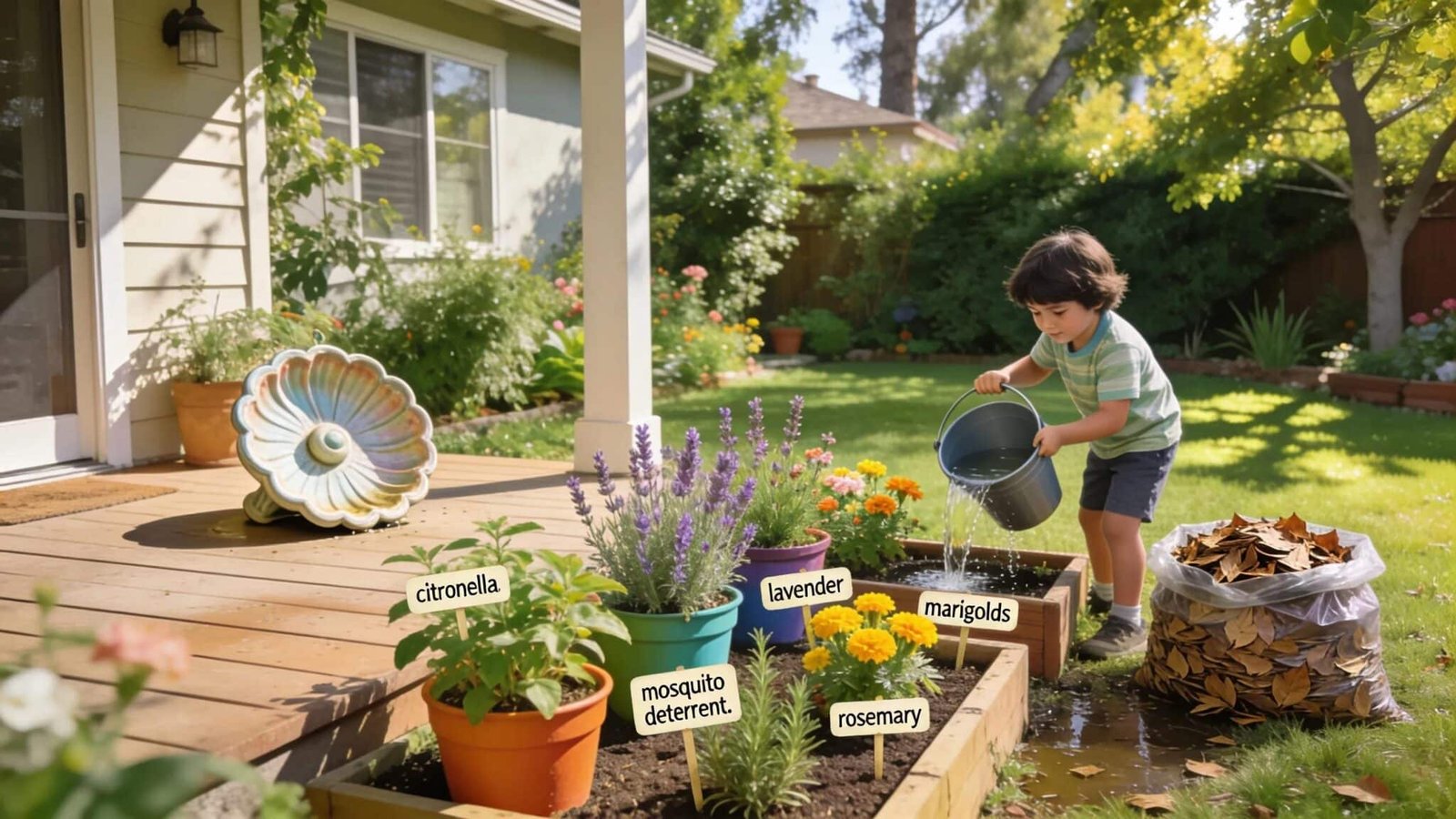 West Covina homeowner eliminating mosquito breeding grounds and using natural mosquito deterrent plants.