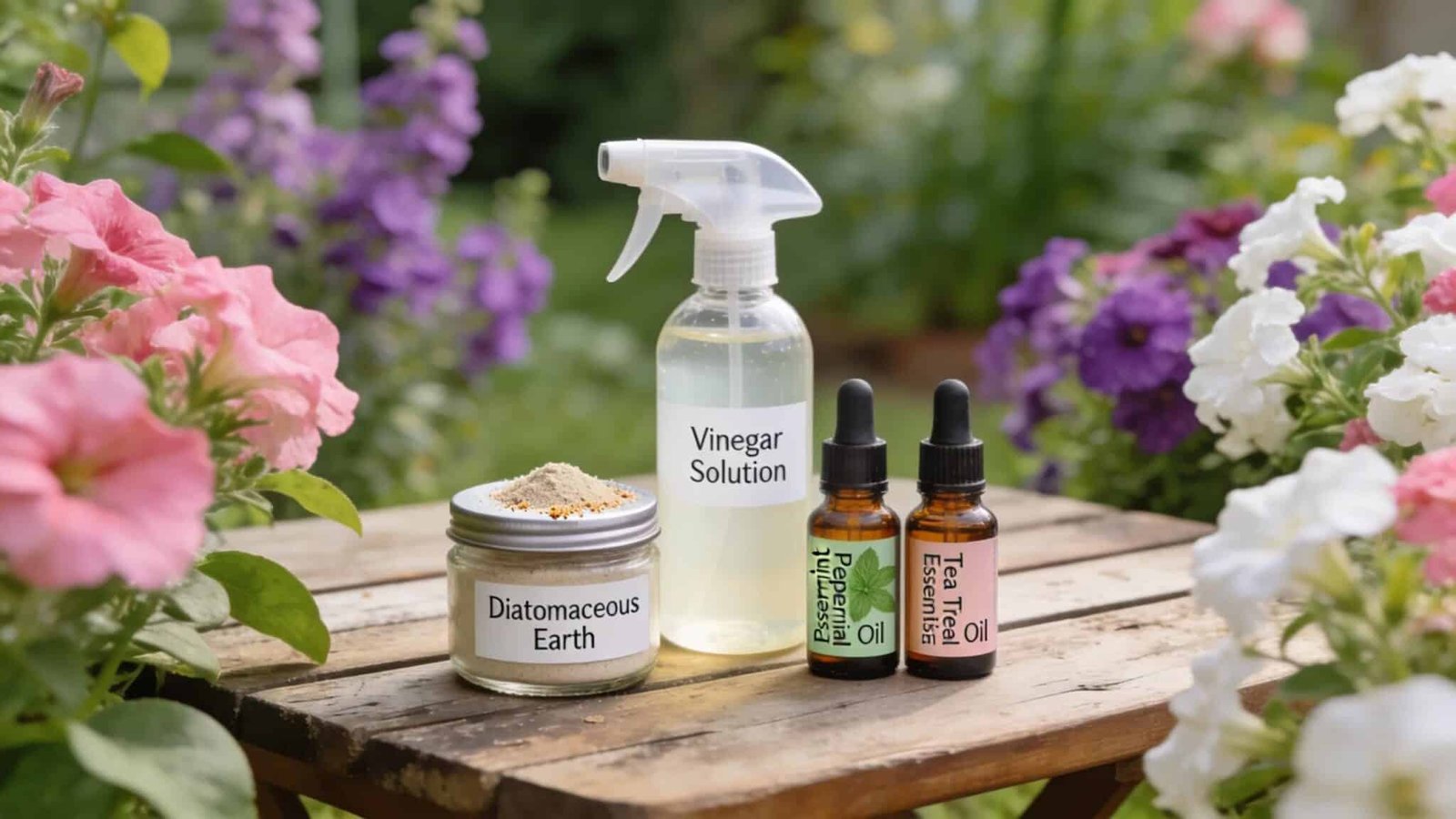 Eco-friendly pest control products: diatomaceous earth, vinegar solution, peppermint and tea tree essential oils.