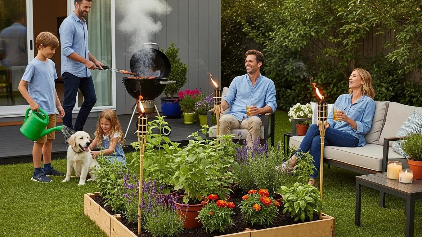 Family enjoying a mosquito-free backyard with repellent plants and outdoor grilling in West Covina, CA.