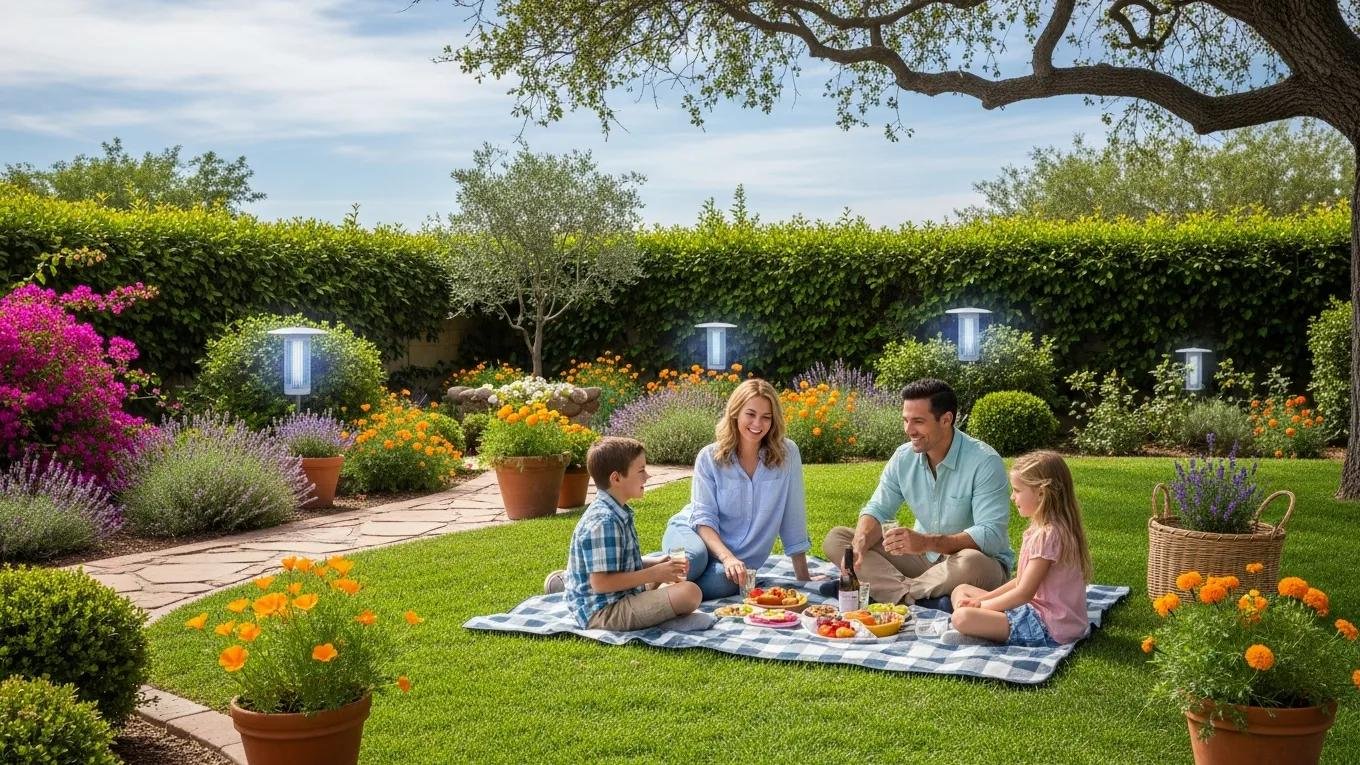 Family enjoying a mosquito-free picnic in a Pomona garden, showcasing pest control benefits.
