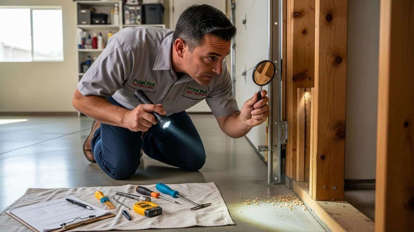 Pest control professional inspecting for termites in a Pomona home, examining wooden structure with magnifying glass.