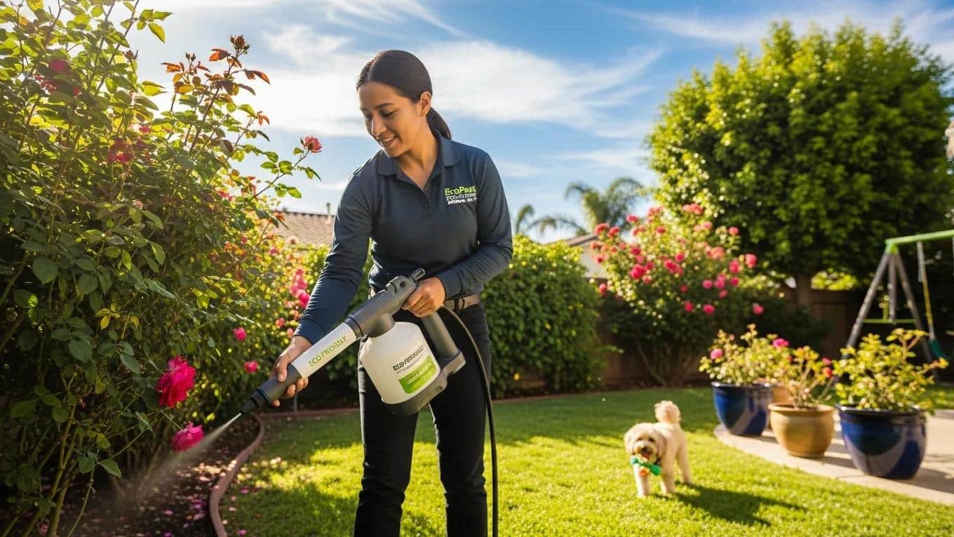 Pest control technician applying eco-friendly treatments in a Pomona backyard.