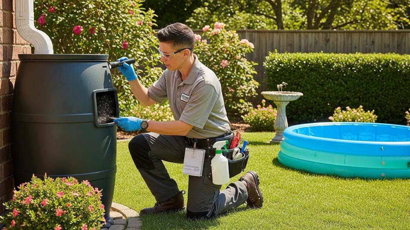 Pest control technician inspecting rain barrel for mosquito breeding sites in residential yard.